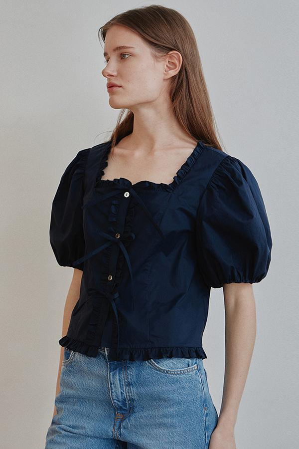 TAV SIGNATURE FRILL SQUARE NECK BLOUSE - NAVY