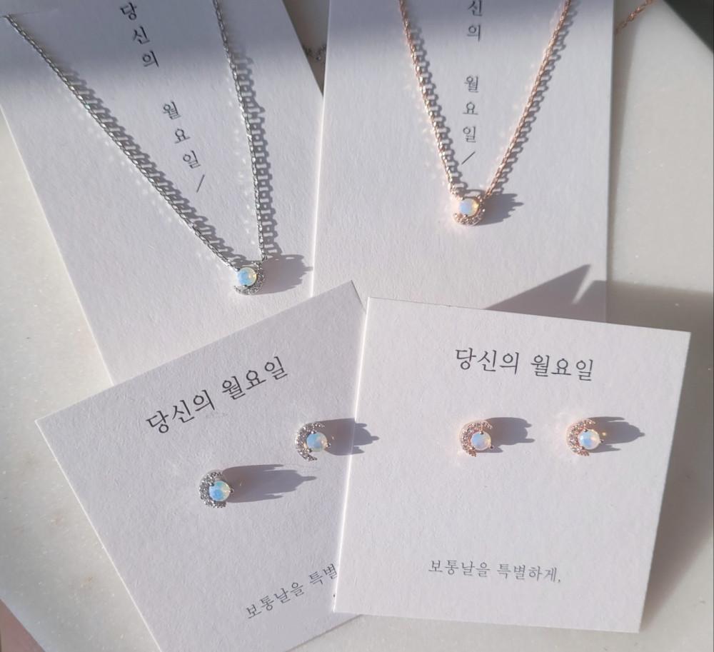 오팔품은 미니 달 silver925 큐빅 귀걸이 목걸이