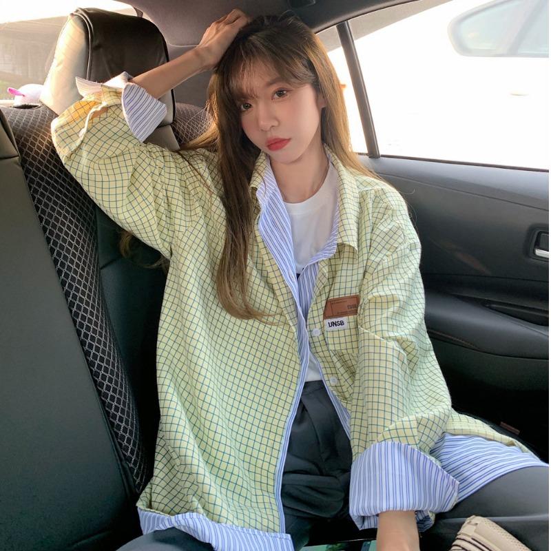 조이얼랏 민트 그린 체크 레이어드st 스트라이프 믹스매치 가을 오버핏 롱 블라우스