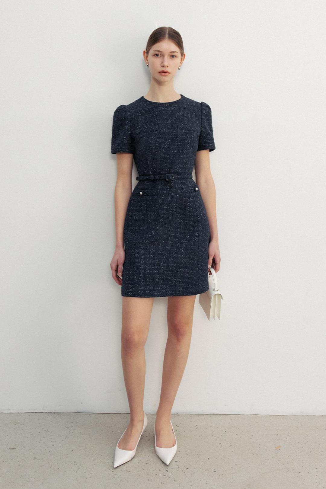 LINDSAY Round neck semi A-line tweed mini dress (Deep navy)