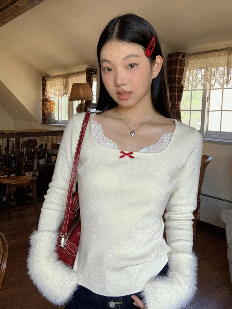 밍크 커프스 스퀘어넥 레이스 긴팔 티