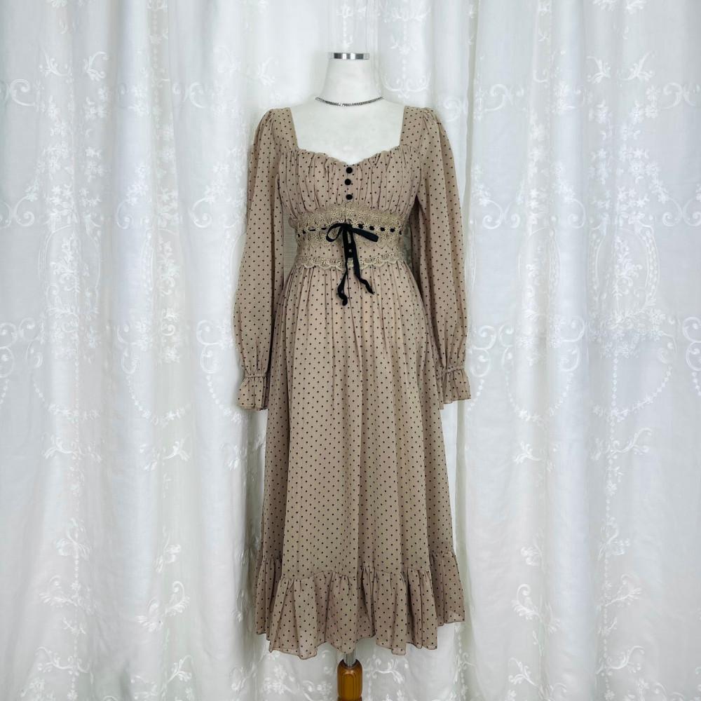 [중고] 1695 브라운 도트 레이스 프릴 긴팔원피스