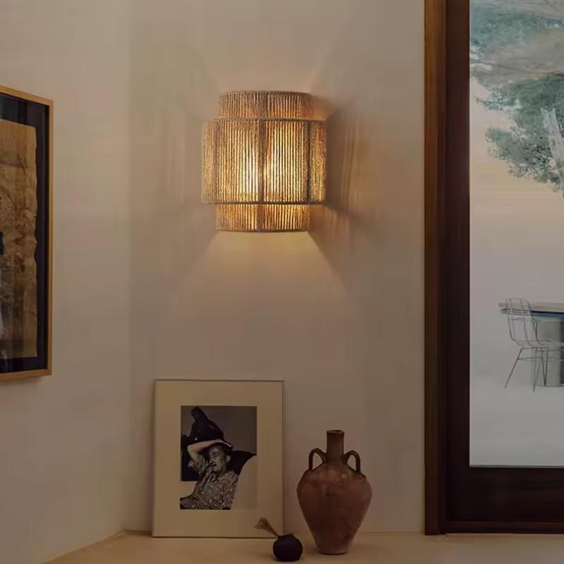 대마 밧줄 벽 조명 홈 아트 데코 침실 로비 통로 호텔 분위기 Sconce E27 전구 크리 에이 티브 램프