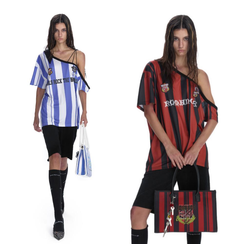 24ans 블록코어 티셔츠 오프숄더 스트라이프 럭비티 풋볼 유니폼