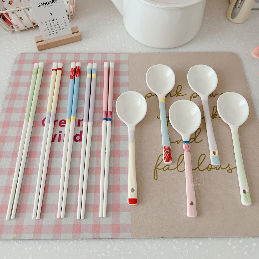 SET 컬러풀 도기 수저세트 도자기 귀여운 수저세트(5p)