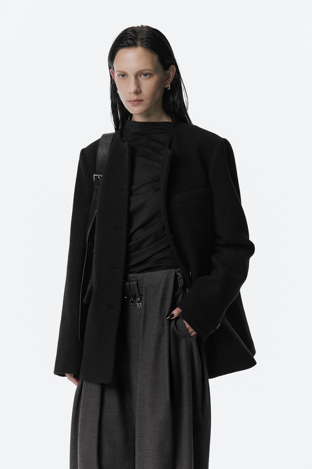 Collarless Wool Jacket [ Black ]