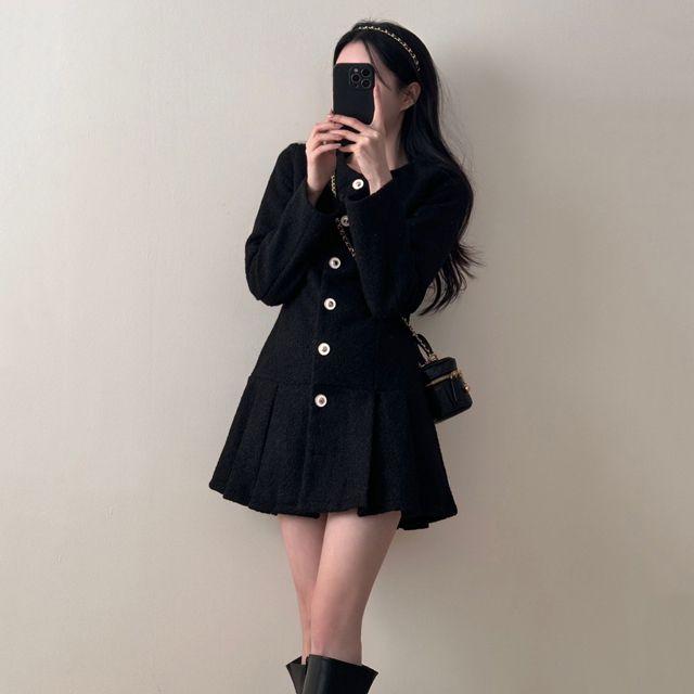 [하객룩!/울함유] 앵글 골드 트위드 플리츠 미니 원피스 - 2color_휴지마켓