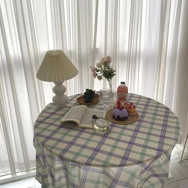 하이틴 키치 민트 퍼플 체크 테이블보 식탁보 미니 린넨 협탁보 커버 원형 체크 책상보 플로렌시아 소품샵