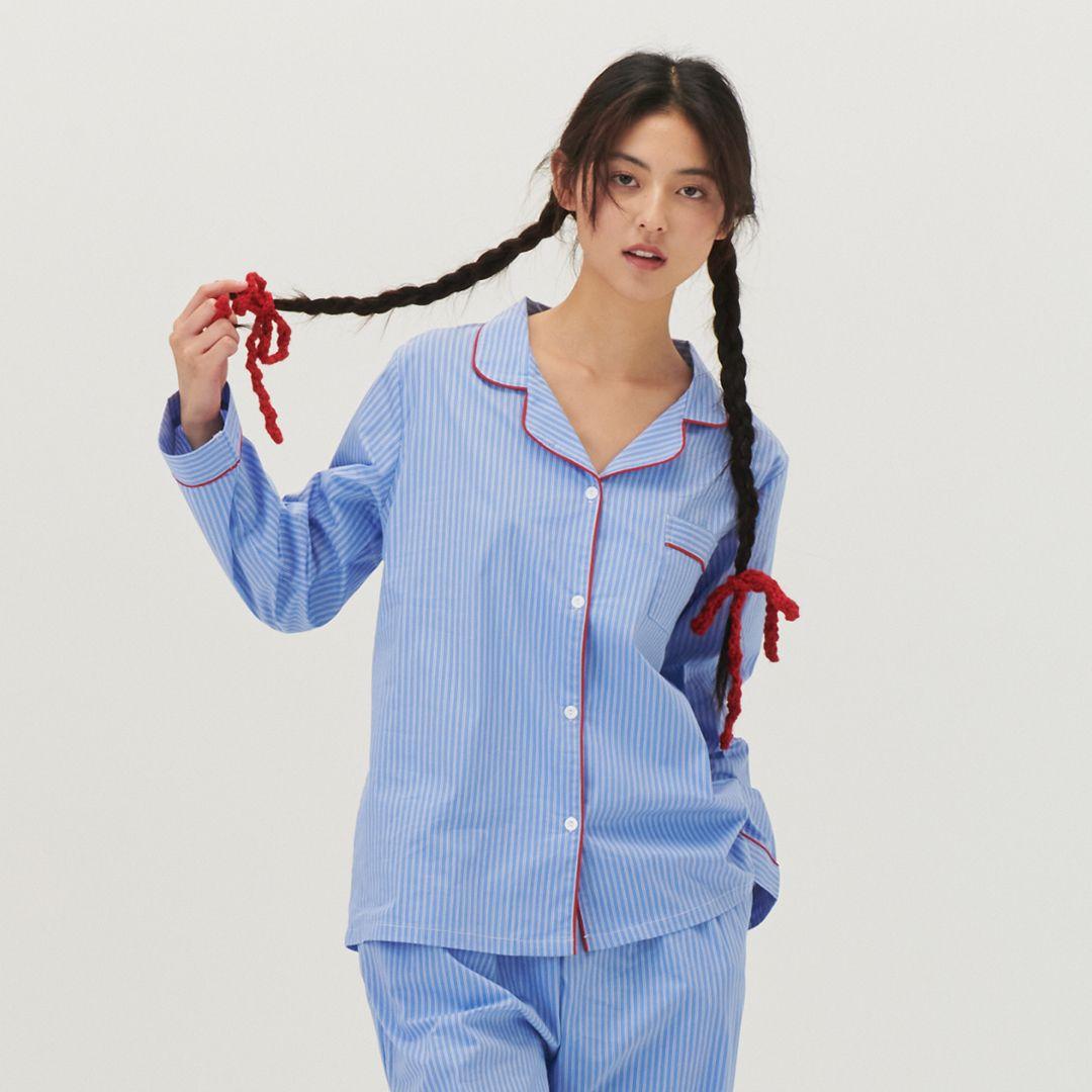 [29CM 단독] (w)스탠다드 티킹 스트라이프 파자마 긴소매세트 블루