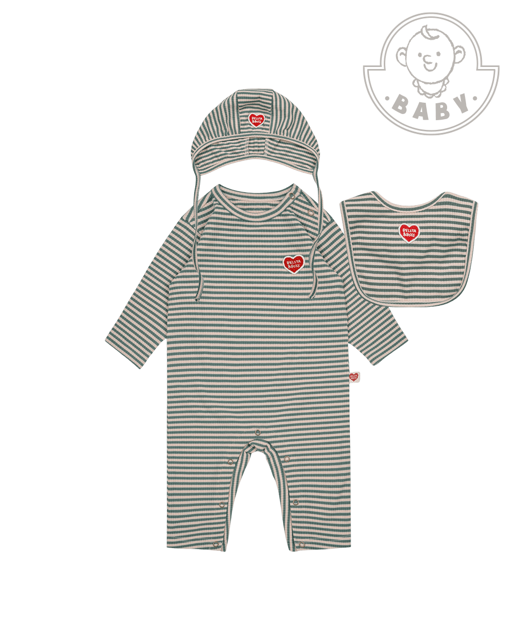 [BABY SET] Green Stripe Rib Jumpsuit & Bib & Bonnet