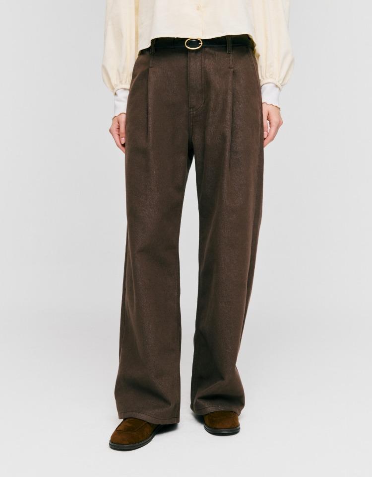 tuck straight denim pants - brown