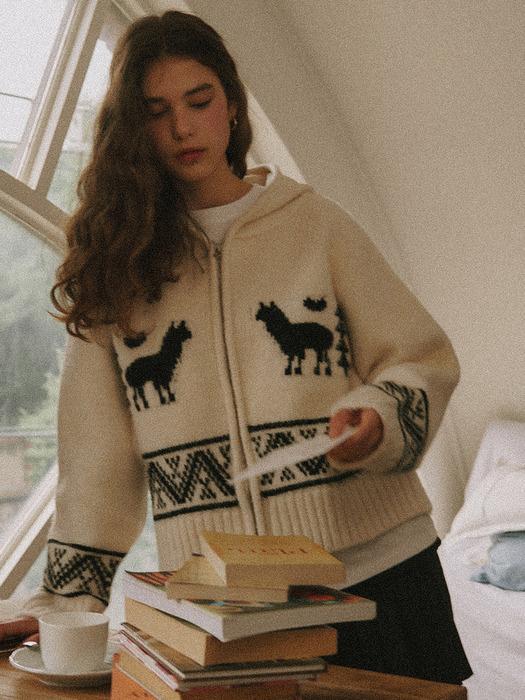ALPACA JACQUARD HOOD ZIP-UP KNIT CREAM
