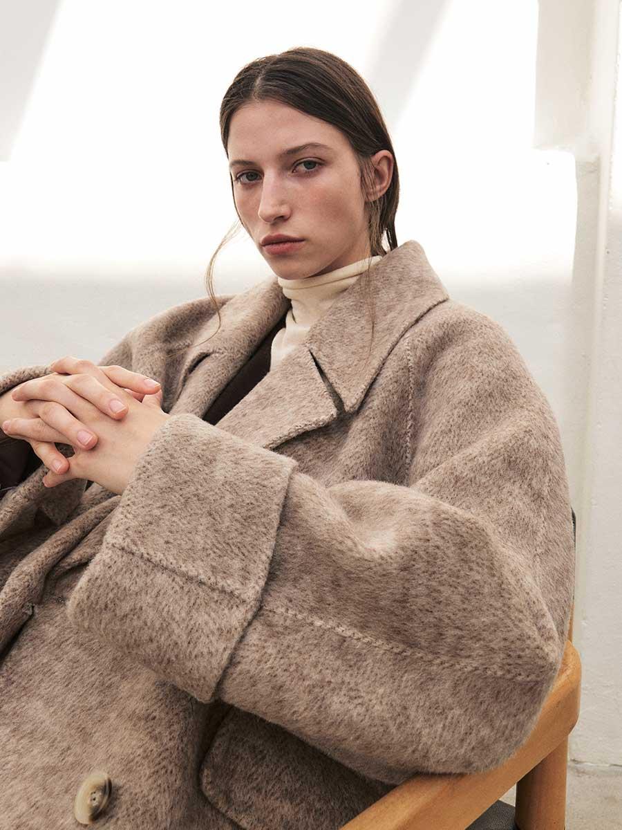 RTF ALPACA HEMLINE BUTTON SHIRRED COAT [HAND MADE]_BROWN-HERRINGBONE