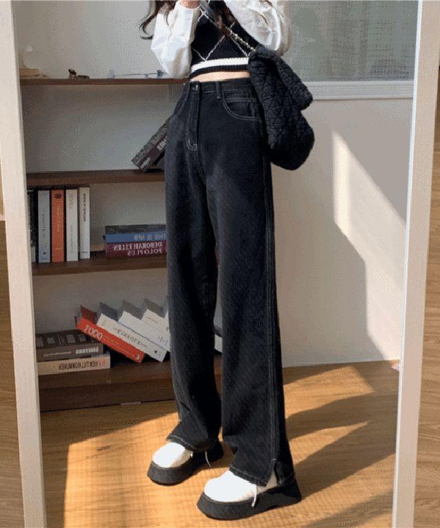 [S~XL] 블랙 생지 하이웨스트 일자 와이드 데님 팬츠