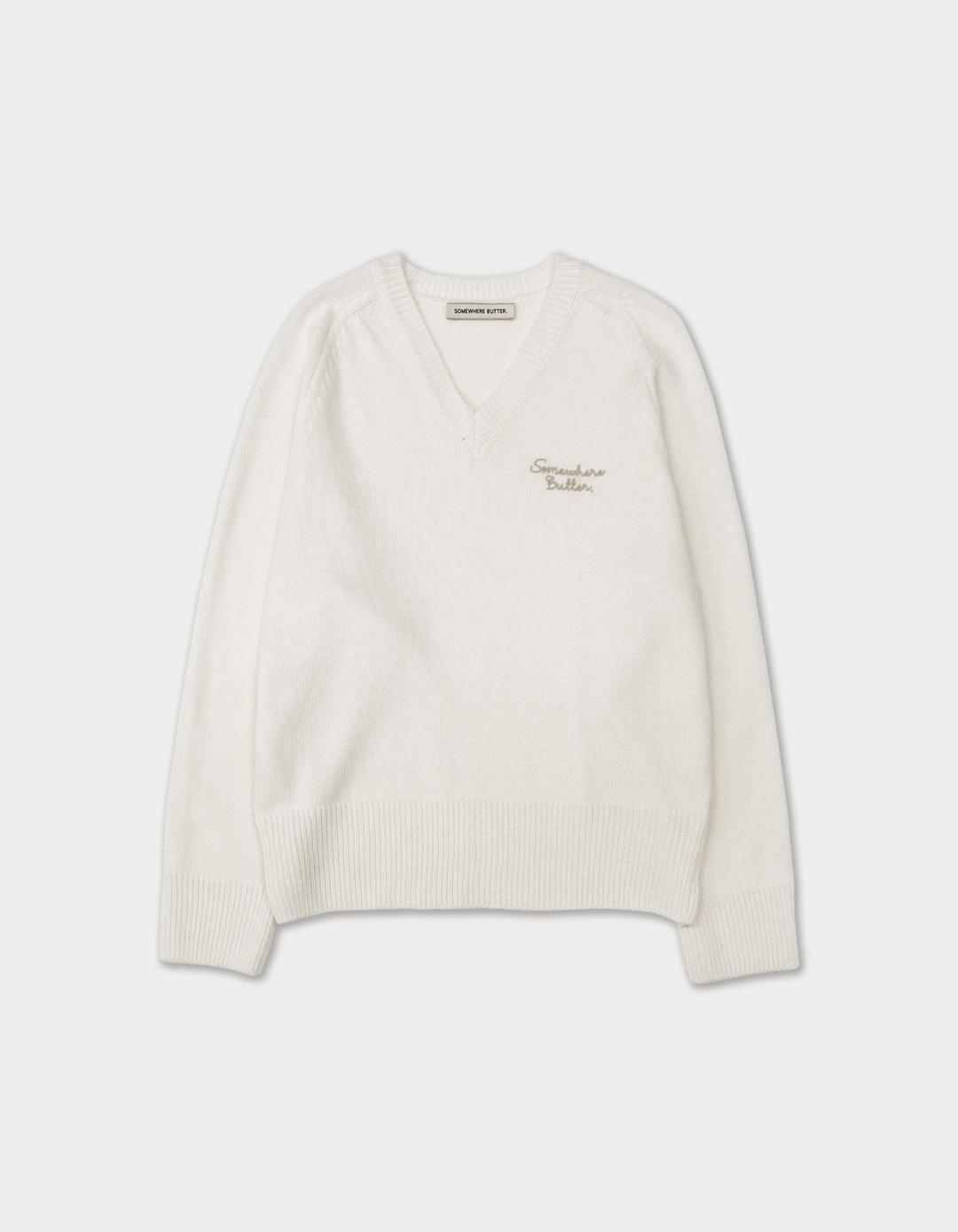 [preview] small letter logo v-neck knit - ivory