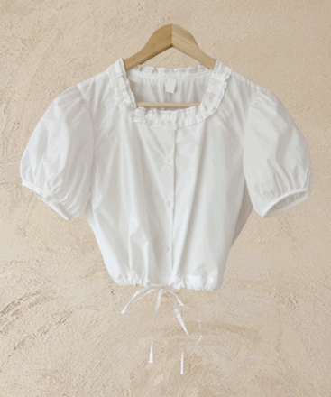 [무료배송]더블 리본 프릴 스퀘어넥 반팔 크롭 블라우스