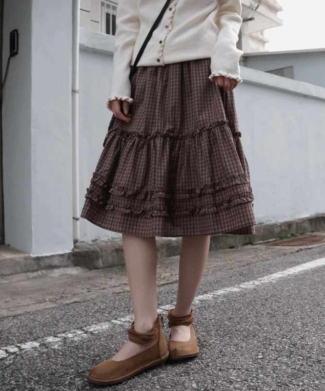 로미 프릴 미디 체크 스커트 2color