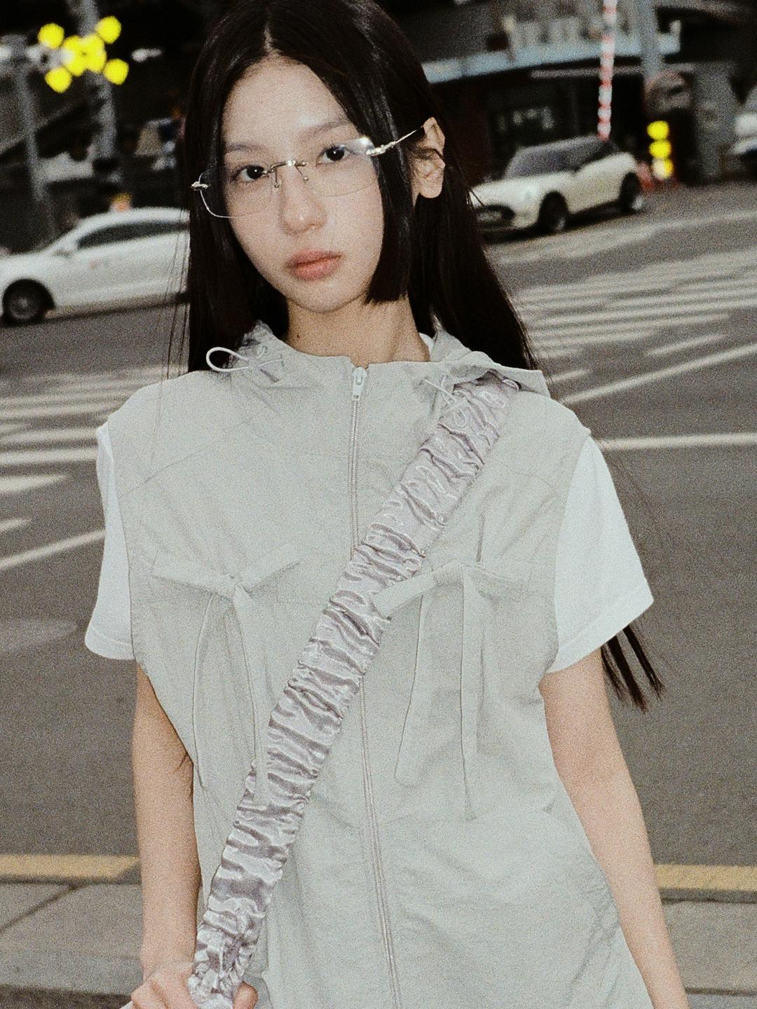 RIBBON ZIP-UP VEST_LIGHT GREY