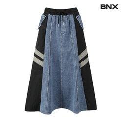 스포티 데님 배색 밴딩 플레어 롱 스커트 (BW3SK001L0)