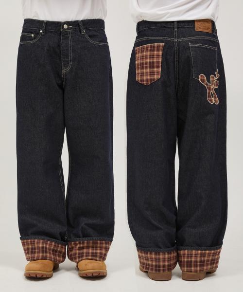 체크 아플리케 롤업 생지 데님 팬츠