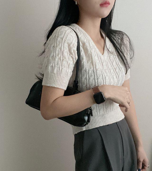 [봄색감/허리잘록~] 브이넥 꽈배기 반팔 니트 (9color)_몽그라미​​​​​​​_2