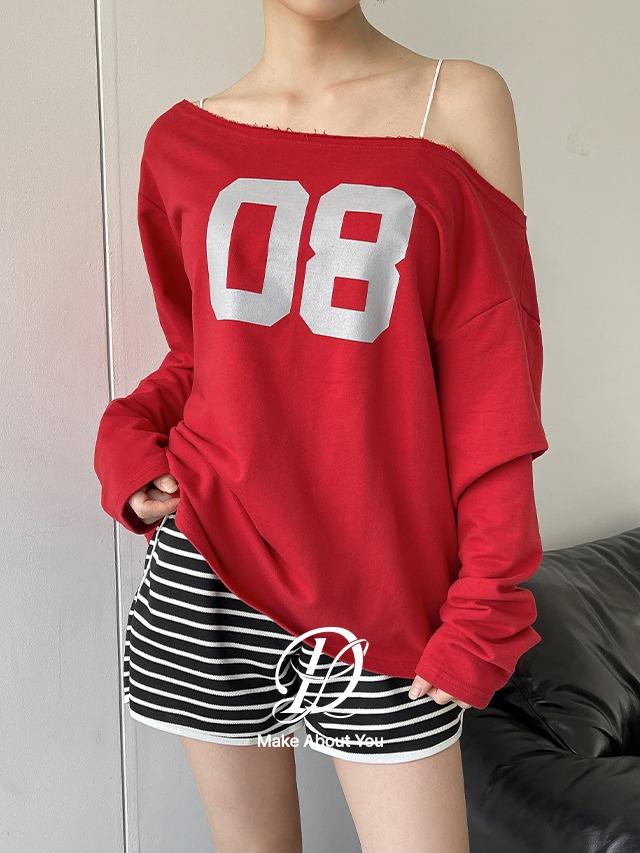 [MADE] 빅사이즈 44-110 에이트 레터링 보트넥 오프숄더 쭈리 맨투맨 긴팔 티셔츠