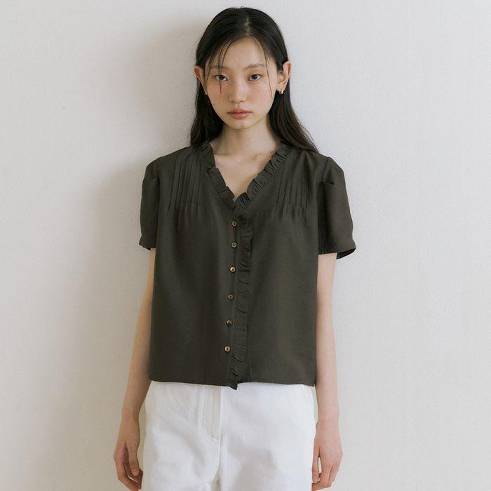 pintuck frill blouse-khaki brown