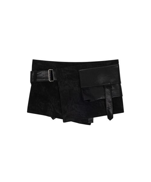 BELTED POCKET WRAP SKIRT, BLACK