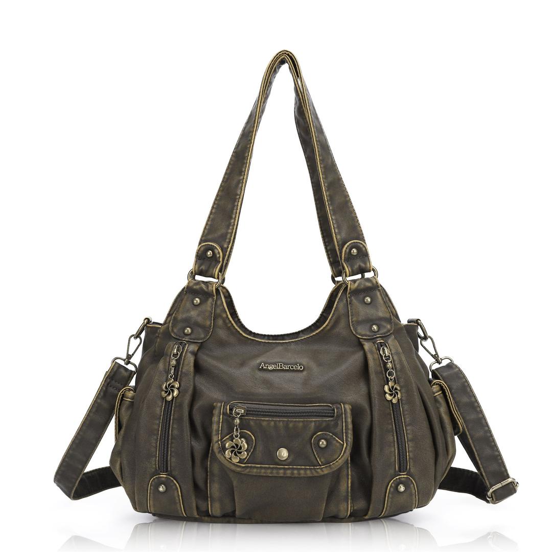 Vintage do old wash PU leather women's shoulder bag tote bag - GREEN