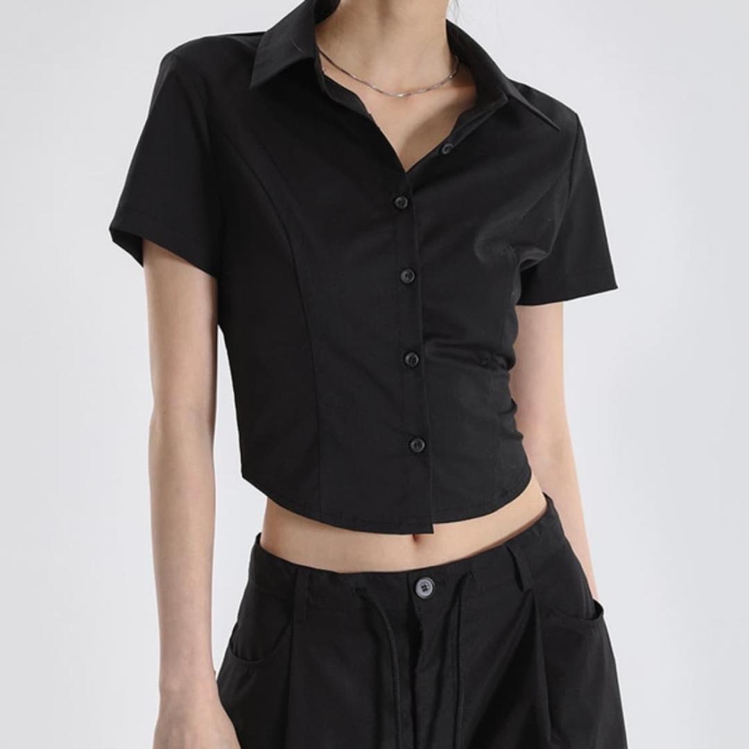 베이직 크롭 반팔 셔츠 블랙 | 후루츠패밀리