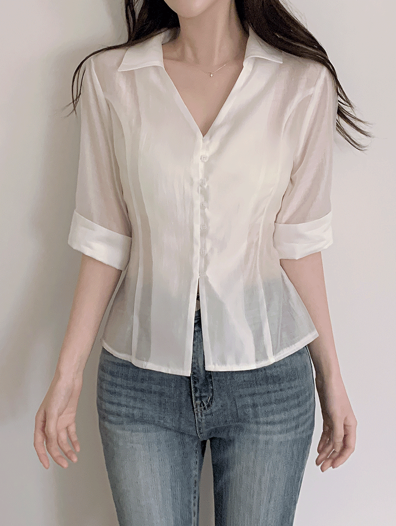 유어버튼 [주문폭주✨기획특가!/하객룩] 베뉴 7부 시스루 실키 라인 블라우스