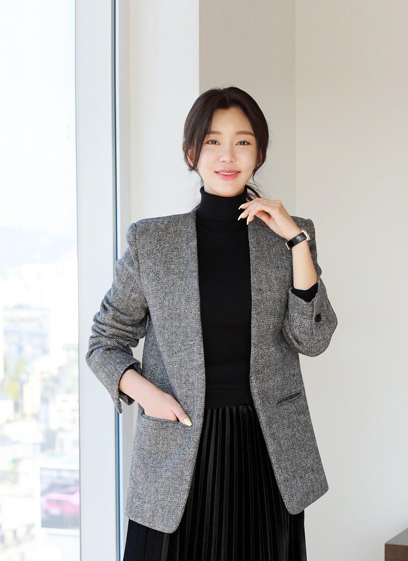 헤링본 울 노카라자켓