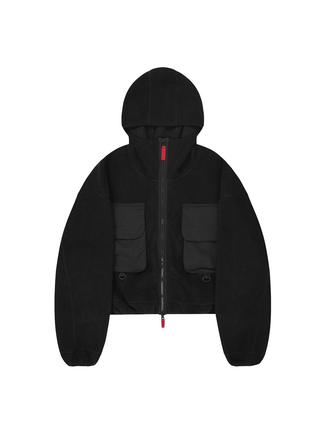 BIG POCKET FLEECE HOODED JACKET - BLACK