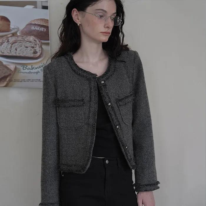 Fringe Trimming Tweed Jacket [Charcoal]