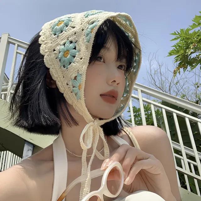 여름휴가 핸드메이드 뜨개 두건 그물 니트 반다나 휴가룩