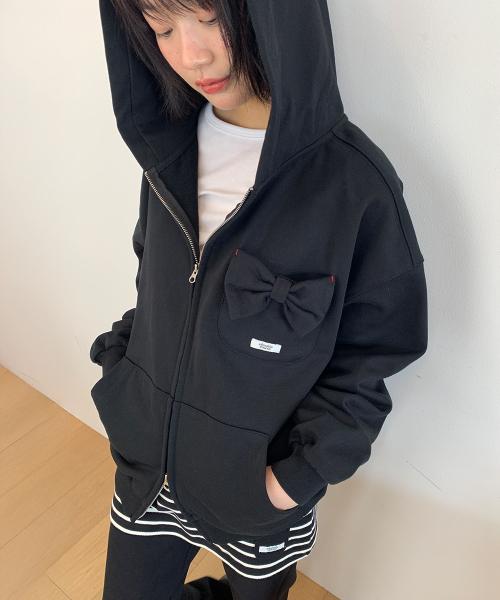 RIBBON POCKET HOODED ZIP UP BLACK