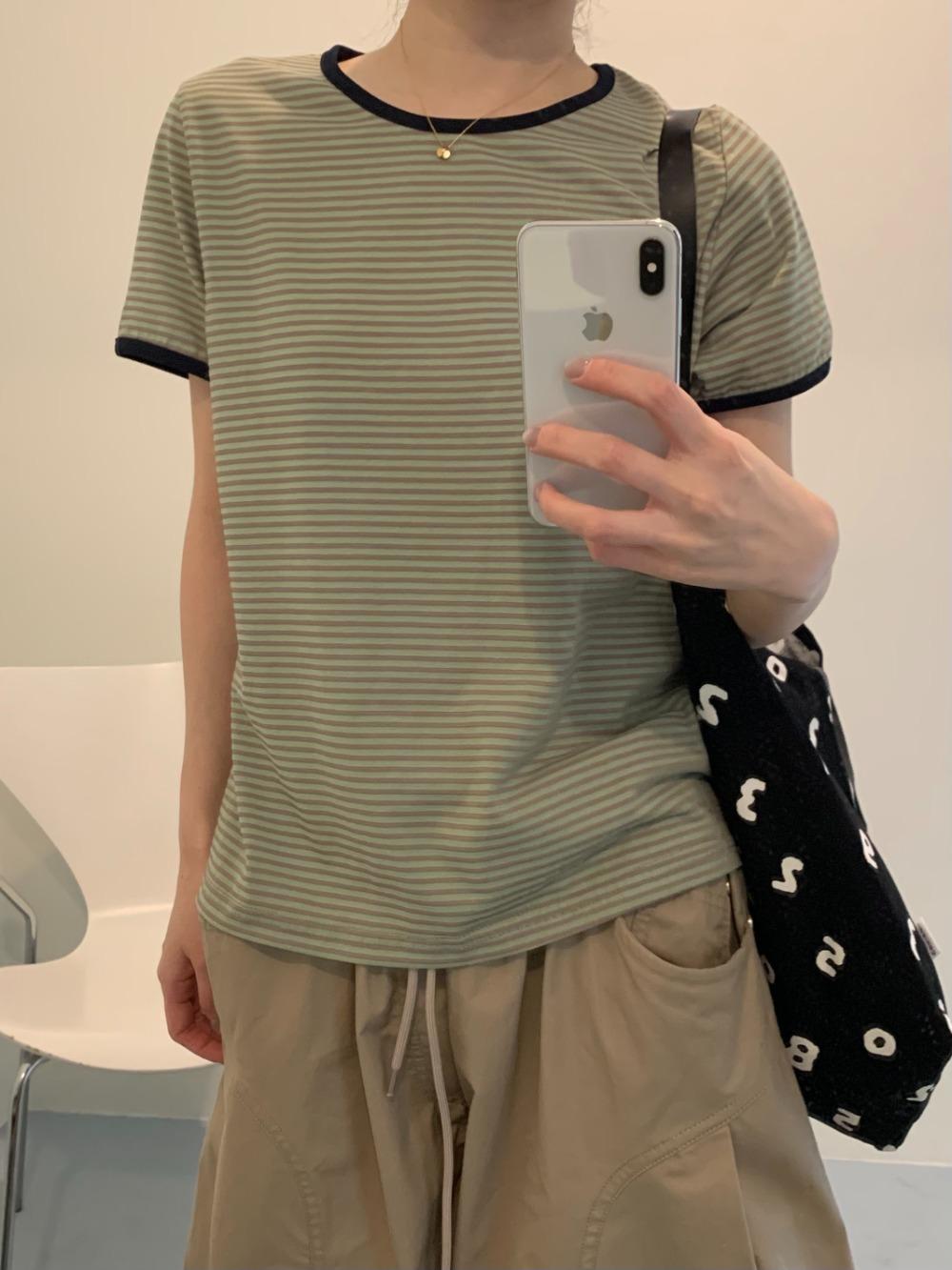 스트라이프 배색 반팔티