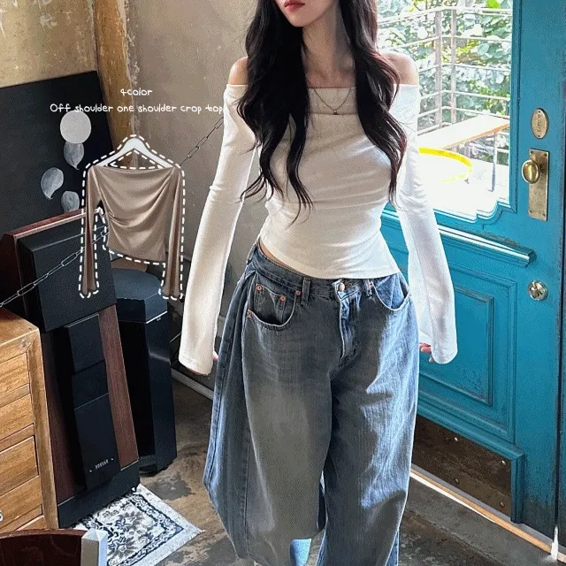 [여리말라핏!]로지 잘록핏 오프숄더 셔링 언발 크롭 긴팔티셔츠 (4color)