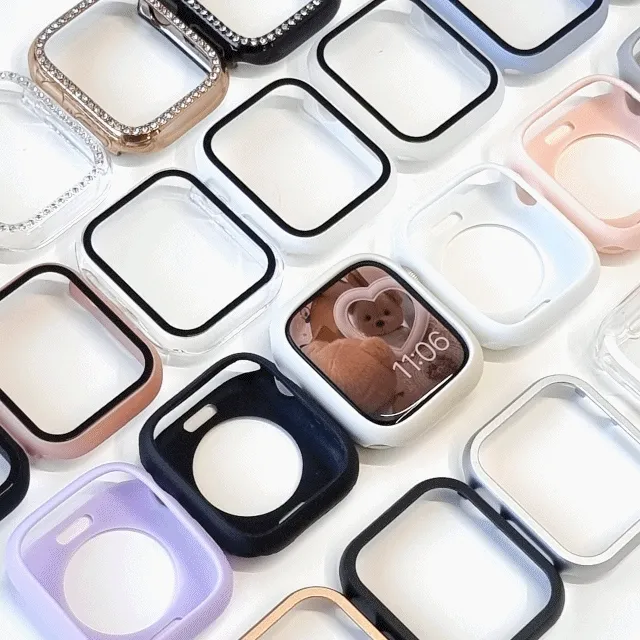 [당일출고] 애플워치 풀커버 베젤링 큐빅 케이스 3 6 7 8 se 2 실리콘 강화유리