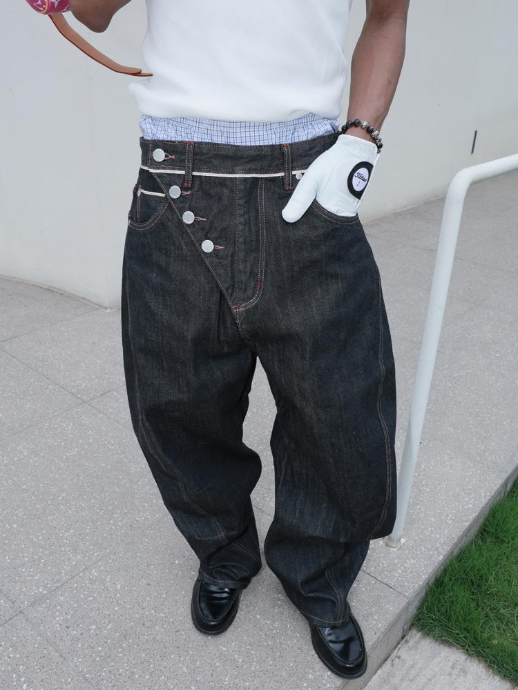 Rebellious 사선 버튼 셀비지 데님 진