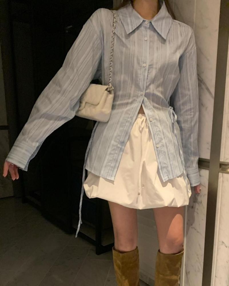 (강추) 소라당일/ Poster 포스터 메모 셔츠 스트라이프 허리 리본 롱 긴팔 남방(2col) : 누시페라 Nucifera