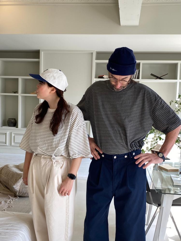 그랜드마)  오버핏 스트라이프 화이트 반팔티 : Grandma917