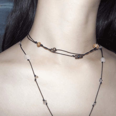 [2color]빈티지 나무 우드 비즈 꼬임 두줄 초커 목걸이