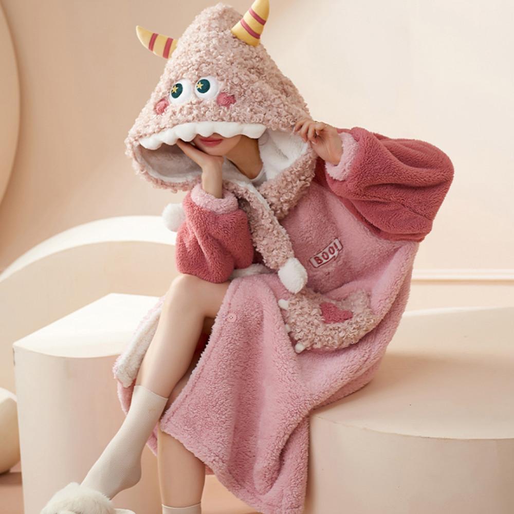 몬스터 로브 바지 세트 극세사 코스튬 수면잠옷 긴팔 홈웨어 여성 기모 파자마 겨울