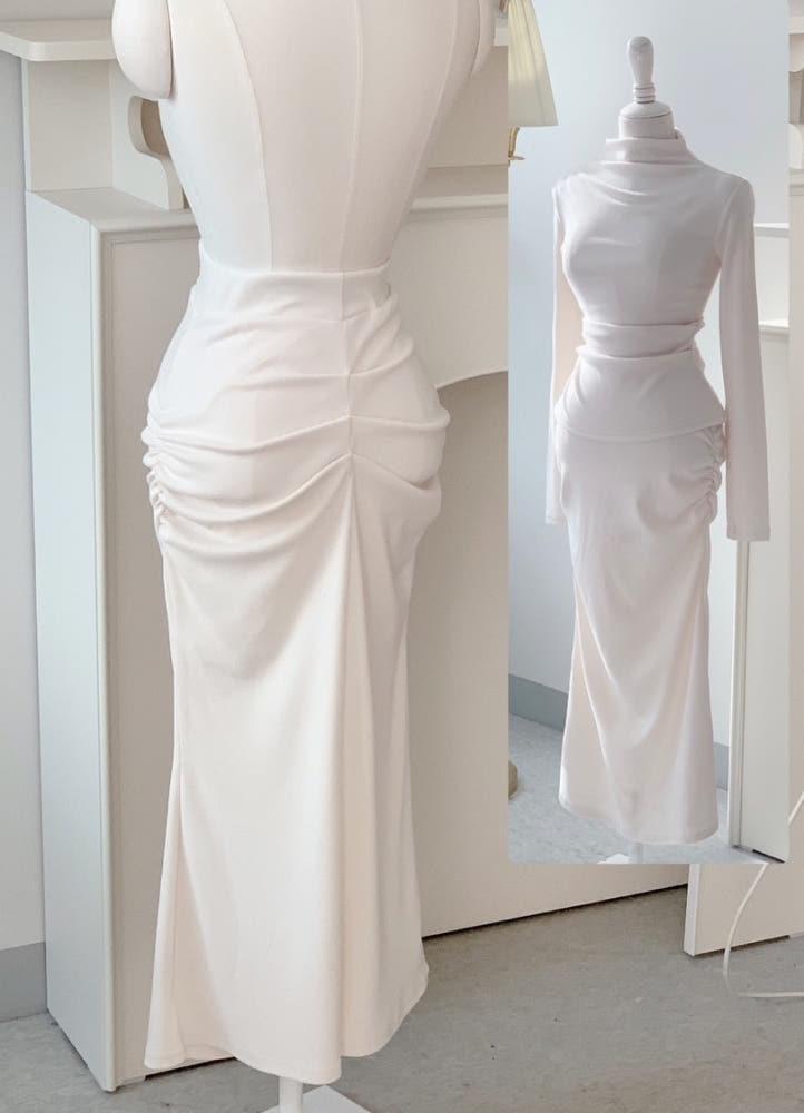 [골반필러/따로구매가능/자체제작] 기모 안감 셔링 턱 슬림핏 머메이드 롱 스커트  - 4colors