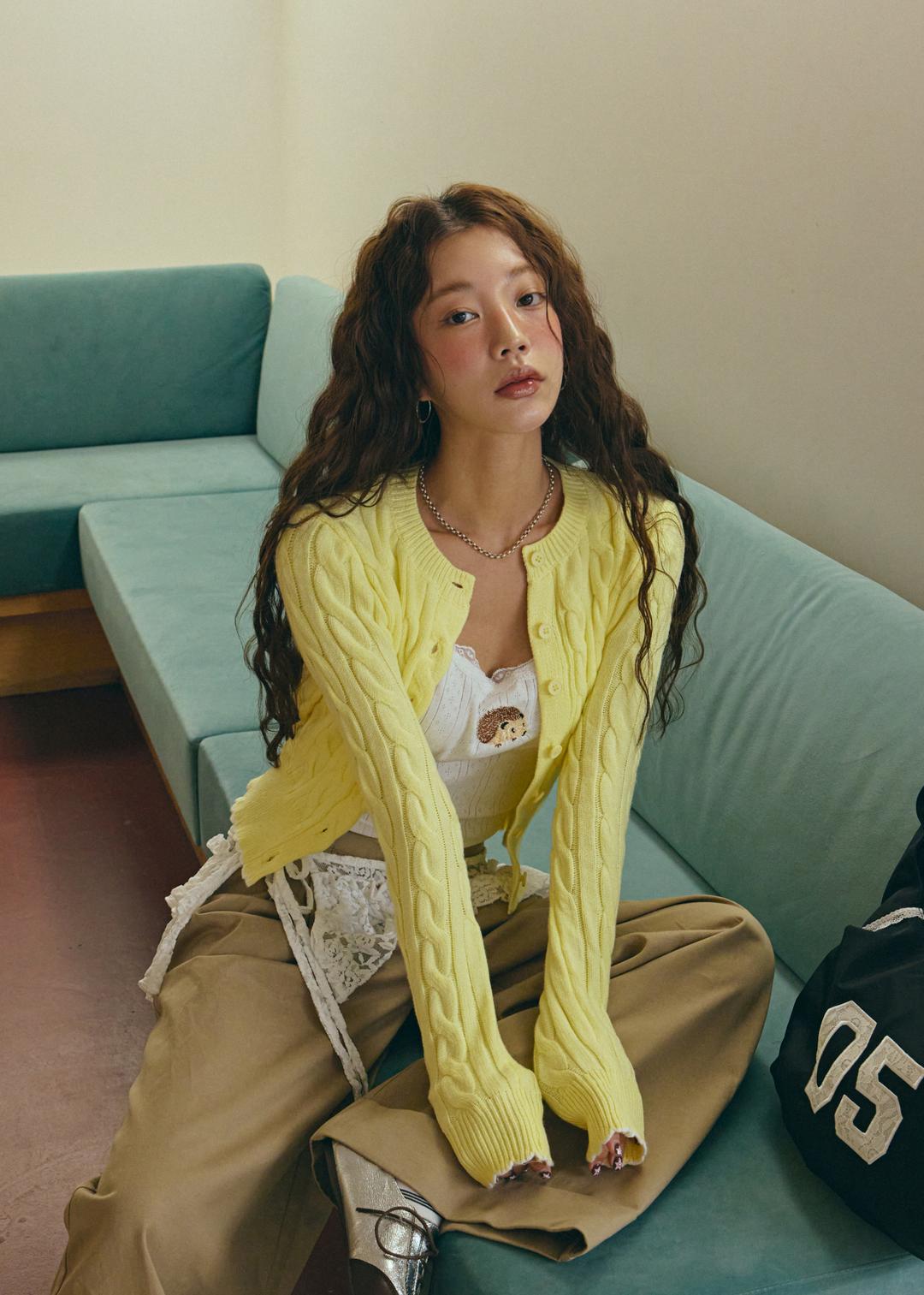 Cable Knit Round Neckline Button Up Cinched Waist Cardigan