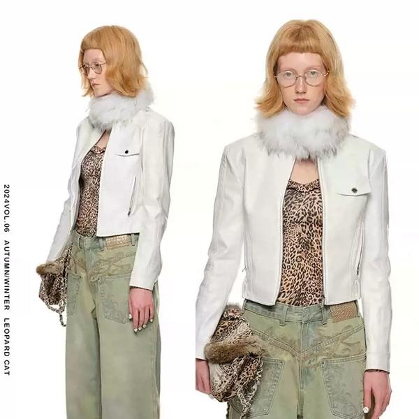 1JINNSTUDIO Slim Short Stand Collar White Leather Jacket