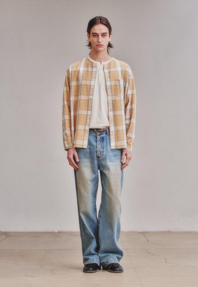 Non Collar French Check Shirt_Desert