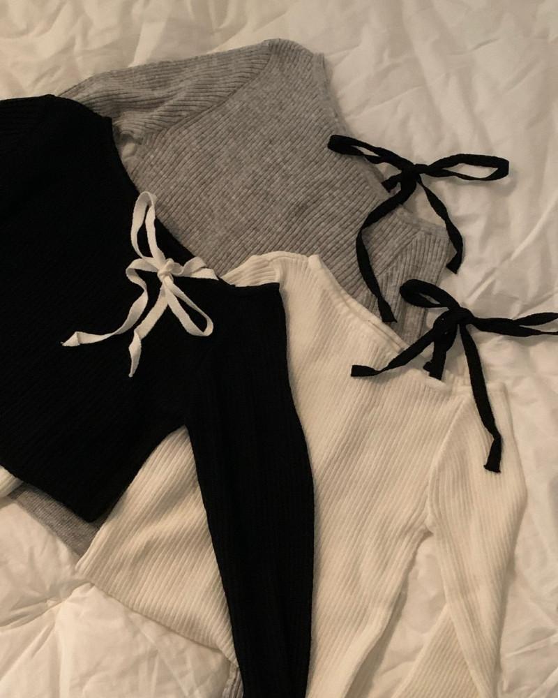 [프리마인] 블랑 리본 언발 오프숄더 니트 3color