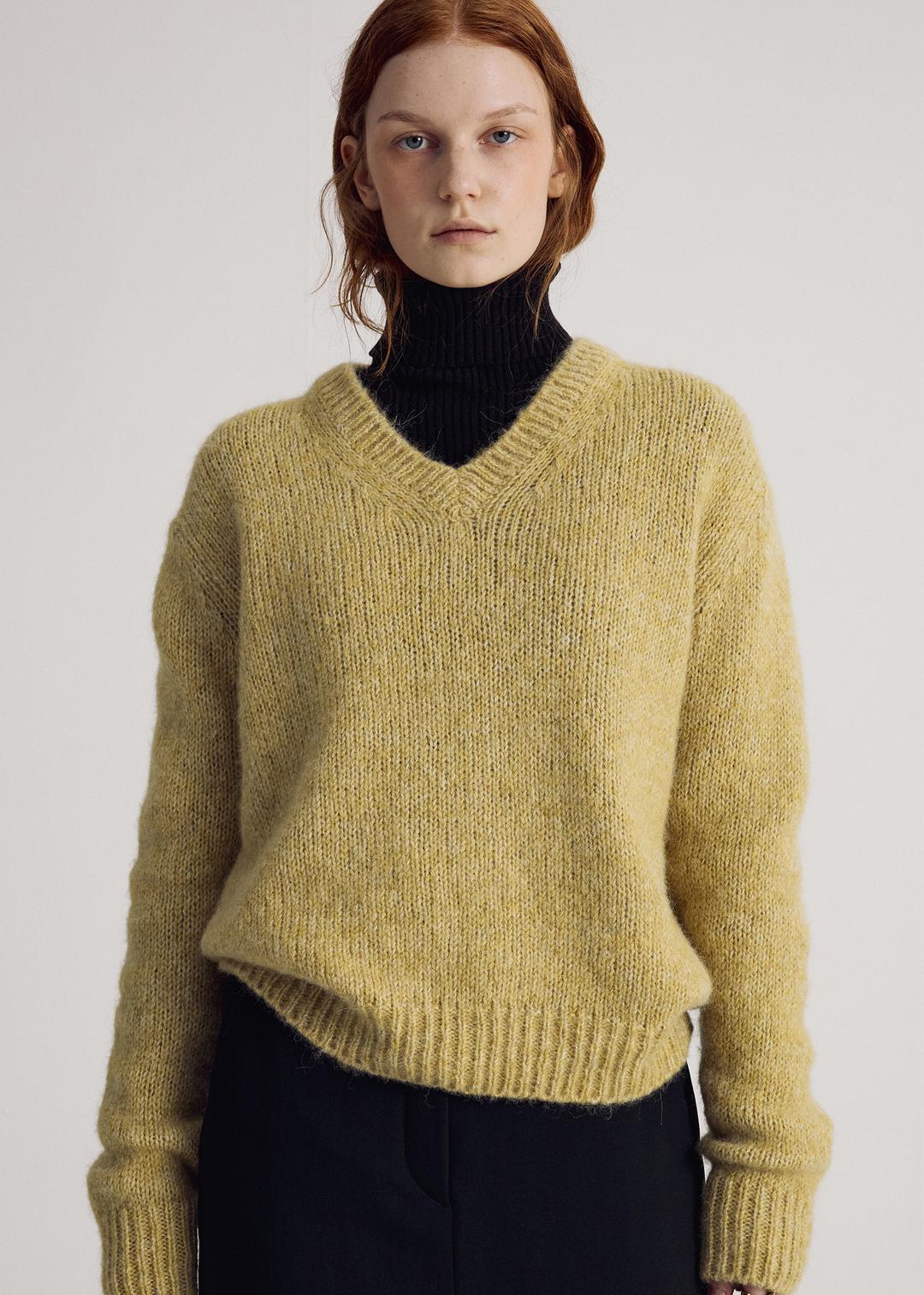 Soft V-Neck Alpaca Knit, Olive Green